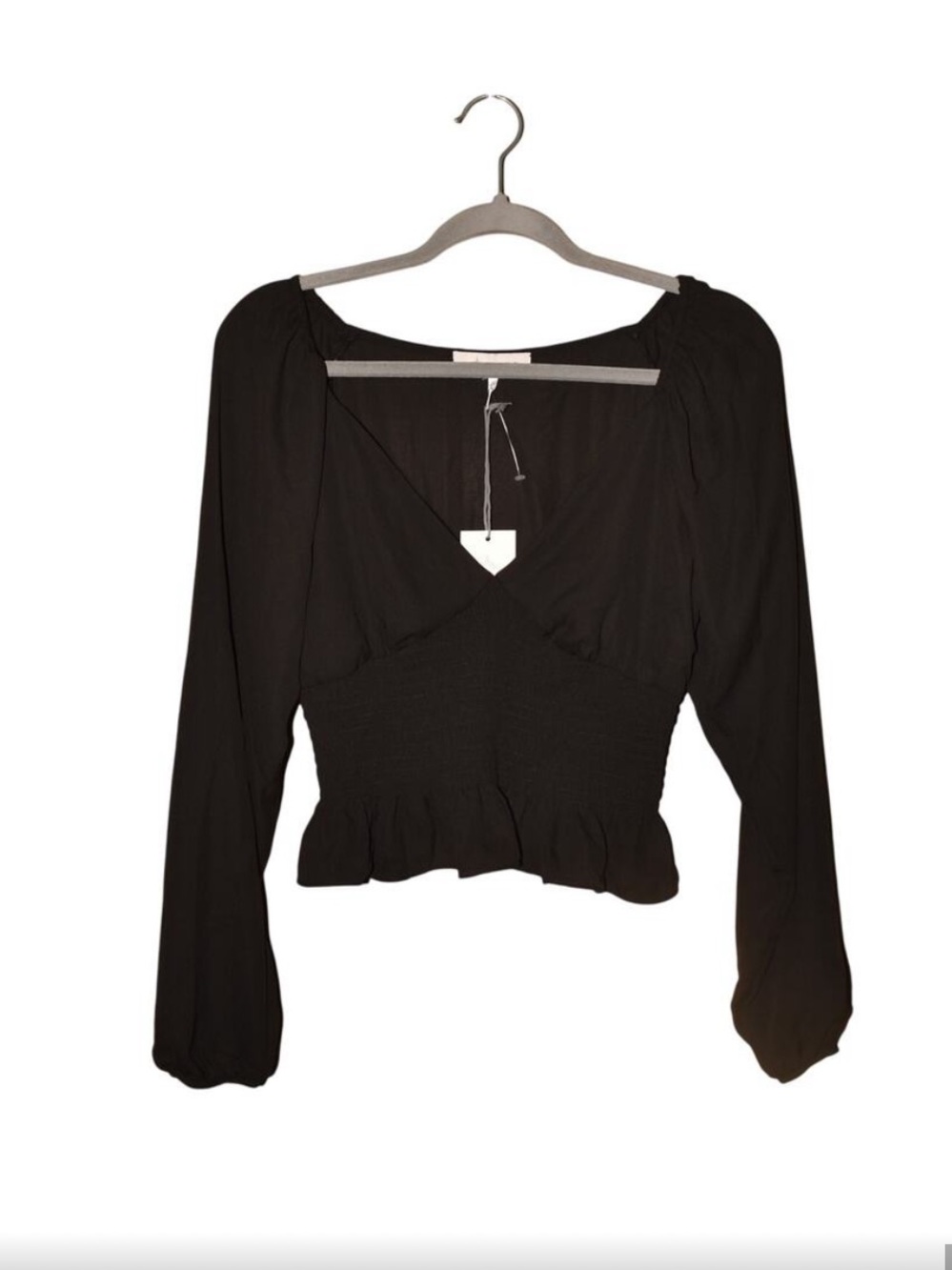 WAYF Black Long Sleeve Smocked Waist Peplum Peasant Blouse